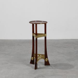 Art Nouveau Pedestal Table In Wood And Brass, Belgium, Circa 1910