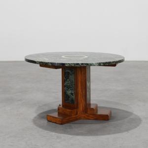 Art Deco Low Table In Oak And Green Marble, France, 1920