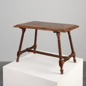 Antique Oak Side Table With Turned Legs And A Stretcher, Spain, 17th Century
