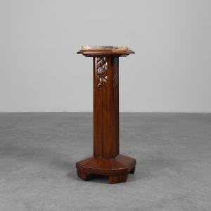 Large Art Deco Pedestal In Oak And Marble, France, 1920s