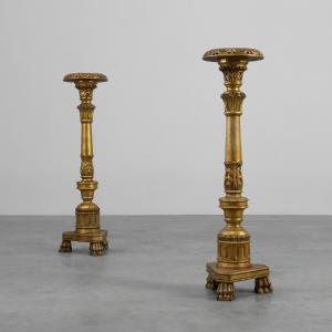 Pair Of Giltwood Pedestals Decorated With Plaster, France, 19th Century