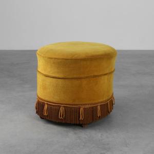 Mustard Yellow Pouf In Wood And Velvet, France, 1950s