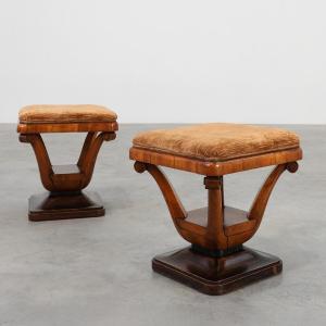 Pair Of Art Deco Walnut Stools With Original Fabric, Italy, 1920