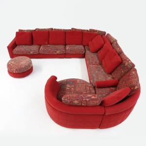 Modular Red Sofa And Patterned Fabric By Roche Bobois, France, 1980s