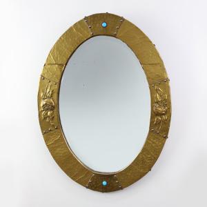 Oval Copper Mirror In The Arts & Crafts Style, France, Circa 1905