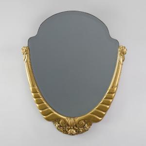 Oval Art Deco Mirror In Carved Gilt Wood, France, Circa 1920