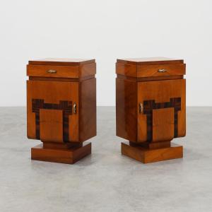 Set Of Two Geometric Art Deco Bedside Tables In Wood, Italy, 1920s
