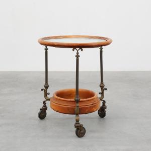 Rustic Copper And Walnut Serving Cart With Glass Top, France Circa 1900