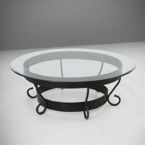 Rustic Round Coffee Table With Wrought Iron Base And Glass Top, France, 1930s