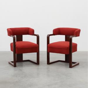 Set Of Two Red Reupholstered Art Deco Chairs, Belgium, Circa 1920