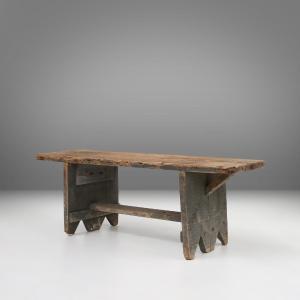 Grey Solid Wood Industrial Bench, France, 1890s