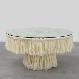 Monumental White Dining Table With Glass And Macramé Top, Italia