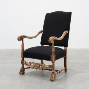 19th Century Louis XIII Armchair In Black Linen, France