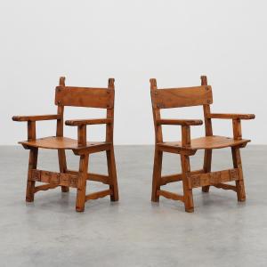Pair Of Rustic Carved Oak Side Chairs, Spain, Circa 1900