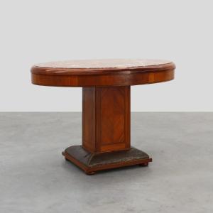 Oval Art Deco Walnut Side Table With Marble Top, By De Coene, Belgium
