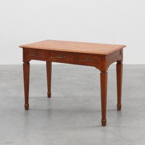 Art Deco Desk Or Table In Carved Oak With Copper Details, Belgium 1920s