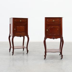 Pair Of Louis XV Style Walnut Bedside Tables With Carrara Marble Tops, France