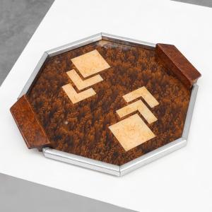 Art Deco Metal And Wood Whisky Tray, Belgium, 1920s