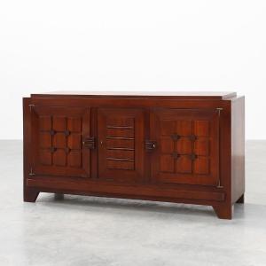 Art Deco Sideboard In Carved Oak With Geometric Motifs, By Charles Dudouyt, France, Circa 1940