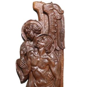 19th Century Walnut Sculpture "angel And Christ" 