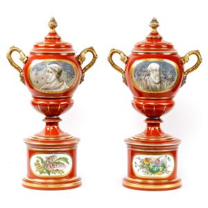 Pair Of Painted Porcelain Vases, Old Paris ,19th Century