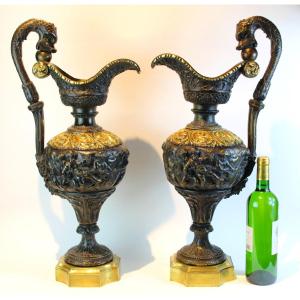 Pair Of Napoleon III Epoque Bronze Vases, Decorated With Motifs After Clodion 