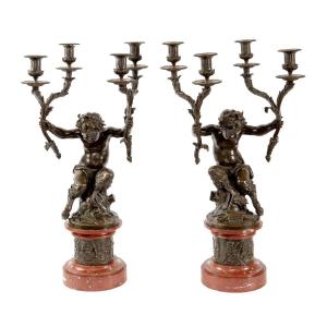 Large Bronze And Marble Candlesticks Signed Clodion 19th Century