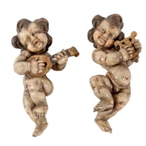 Pair Of Carved Wooden Child Musicians Circa 1900