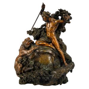 Large 19th Century Bronze Sculpture "the Fight Against The Tiger" By Jacques Auguste Fauginet