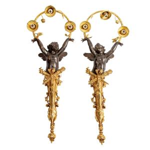 Large Pair Of 3-light Bronze Wall Lights, Signed