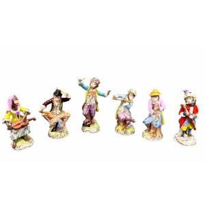Set Of 6 Dresden Porcelain Statuettes "the Monkey Orchestra"