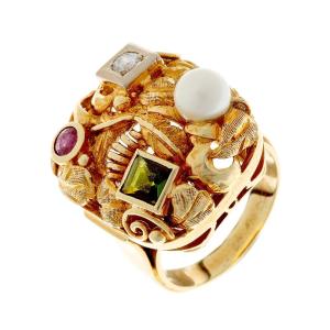 14k Gold Ring Set With Diamond, Ruby, Tourmaline And Pearl