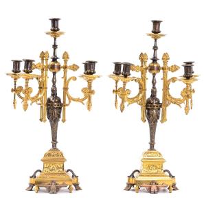 Pair Of 19th C. Gilt And Patinated Bronze Candlesticks For 5 Candles
