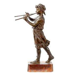 Bronze Sculpture Of A Young Musician Girl Signed E. Marioton
