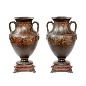 Pair Of Napoleon III Period Bronze Vases, 19th Century 