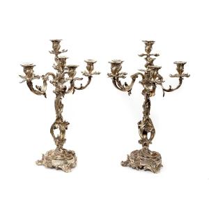 Large Pair Of 19th Century Silverplated Bronze Candlesticks