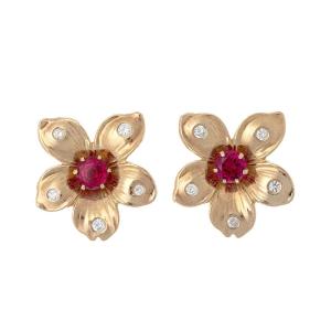 14k Gold "flower" Earrings With Diamonds