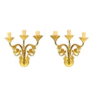 Pair Of Neo-gothic Style Bronze Wall Lights With 3 Lamps