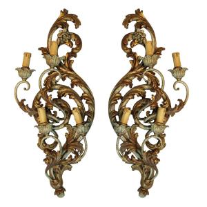 Set Of 4 Carved And Painted Wooden Wall Sconces