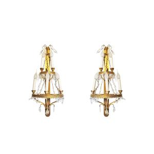 Pair Of 5-light Wall Sconces In Bronze And Crystal