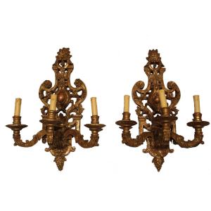 Pair Of 3-light Carved And Patinated Wooden Wall Sconces   