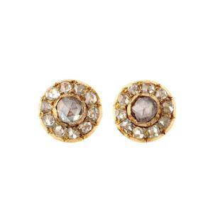 Earrings In 14k Gold Set With Rose-shaped Diamonds. Mid-twentieth Century.