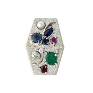 Gold Ring Set With Diamonds, Sapphires, Rubies, Emerald And Pearl