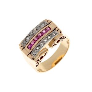 Art Deco Ring In 14k Gold With Rubies And Diamonds