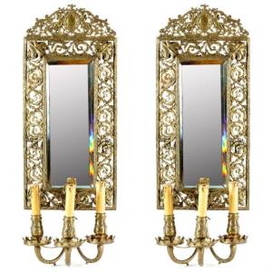 Pair Of Bronze Walllights With 3 Lamps And Mirror Late 19th