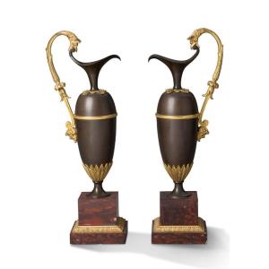 Pair Of Ewers In Gilt And Patinated Bronze Attributed To André-antoine Ravrio (1759 - 1814)
