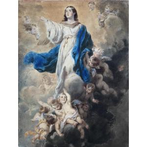 Assumption Of The Virgin Mary, Watercolor Att. A. Deveria (1800 – 1857) After Murillo