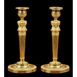 Pair Of Gilt Bronze Egyptian Candlesticks, Attributed To C. Galle - Empire Period
