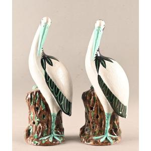 Pair Of Large White Cranes In Chinese Porcelain.