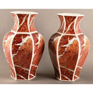 Pair Of Hexagonal Porcelain Vases Imitating Marble.